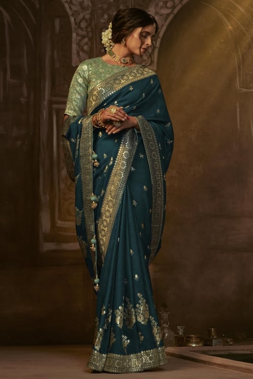 Prussian Blue Woven Butta Saree in Silk