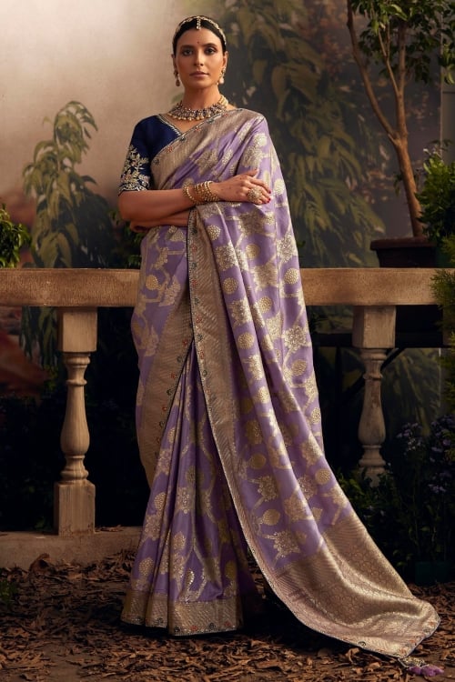 Lilac Purple Visocse Art Silk Woven Saree with Scallop Embroidery on Border