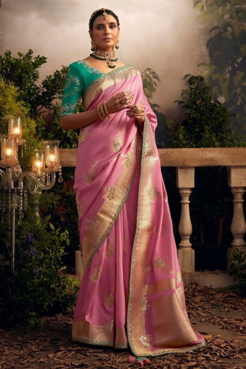 Pink Visocse Art Silk Floral Woven Butta Saree