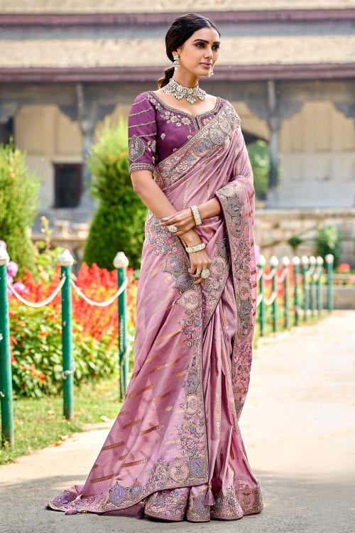Light Purple Woven Saree in Banarasi Silk with Embroidered Border