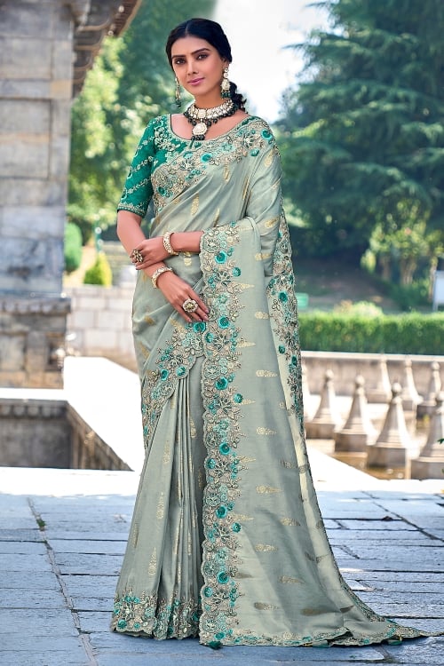 Grey Floral Embroidered Border Saree in Banarasi Silk with Weaving
