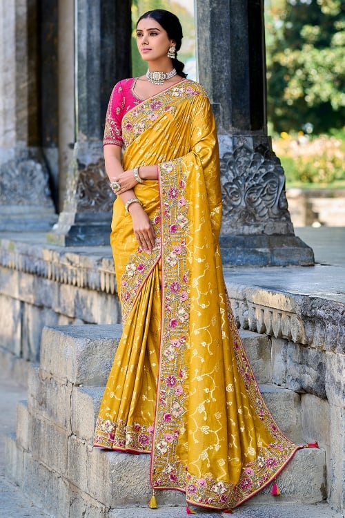 Mustard Woven Jaal Saree in Banarasi Silk with Dori Floral Embroidery Border