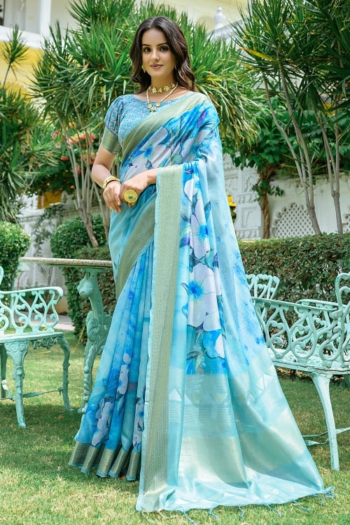 Digital Floral Printed Saree in Cotton with Weaving