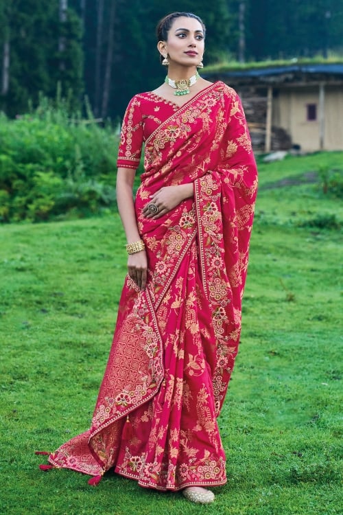 Pink Art Silk Traditional Weave Saree with Floral Embroidery and Beads Work On Border