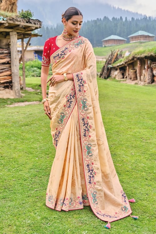 Cream Art Silk Traditional Weave Saree with Elephant and Peacock Motifs Border