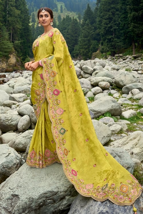 Olive Green Viscose Georgette Saree with Embroidered Border