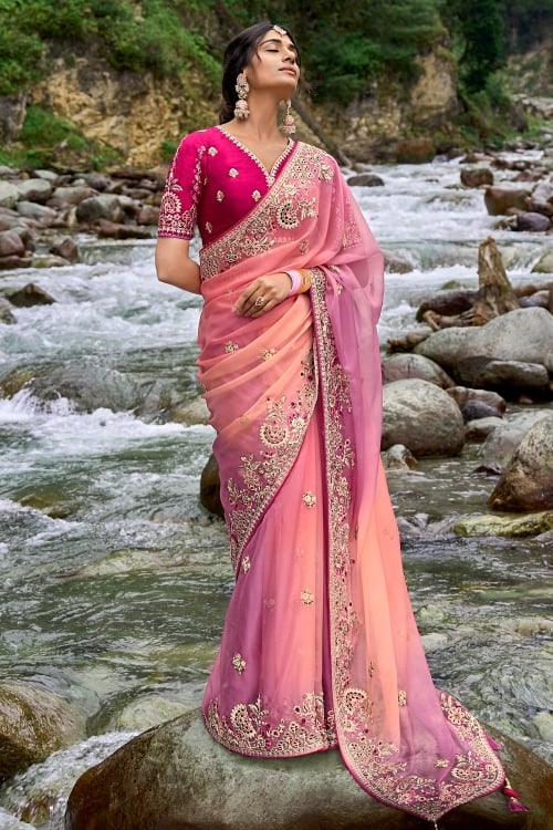 Pink and Purple Organza Saree with Embroidered Cutwork Border