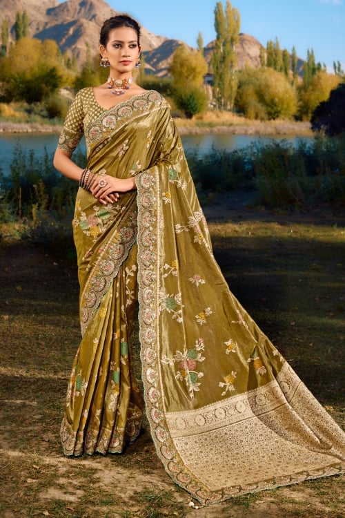 Mehendi Green Banarasi Silk Saree with Embroidered Cutwork Border