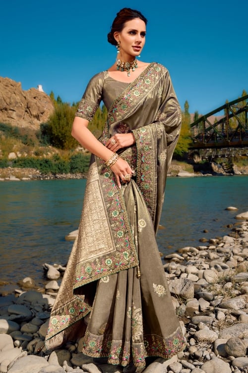 Grey Banarasi Silk Saree with Embroidered Cutwork Border