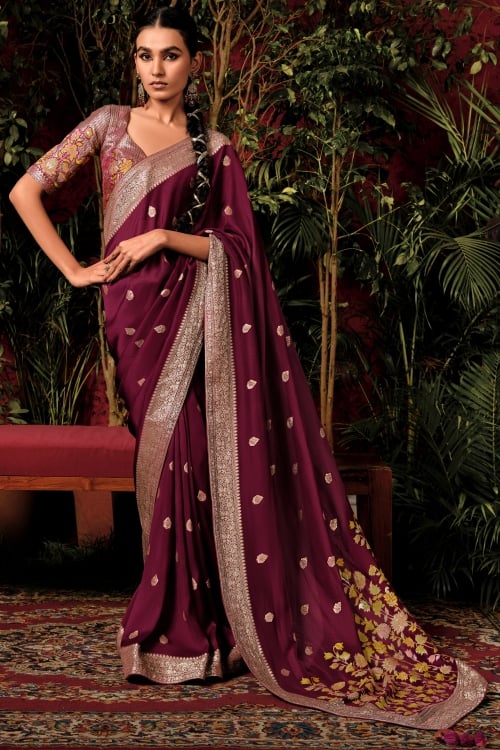 Maroon Viscose Art Silk Saree with Weaving and Floral Motif Pallu