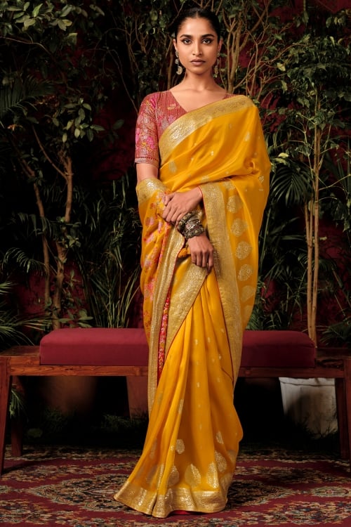 Yellow Viscose Art Silk Saree with Weaving and Floral Motif Pallu