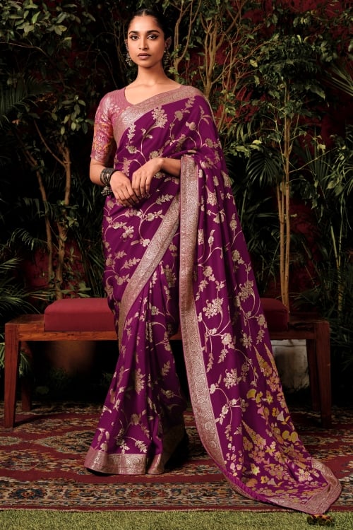 Purple Visocse Art Silk Floral Motifs Saree