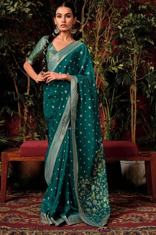 Teal Green Viscose Art Silk Saree with Weaving and Floral Motif Pallu