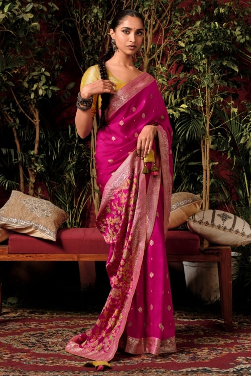 Rani Pink Viscose Art Silk Floral Saree with Weaving and  Motif Pallu