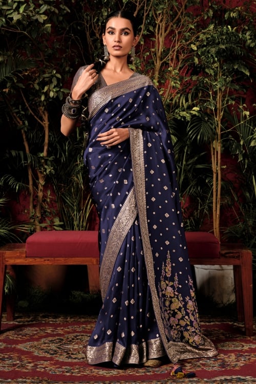 Navy Blue Viscose Art Silk Saree with Weaving and Floral Motif Pallu