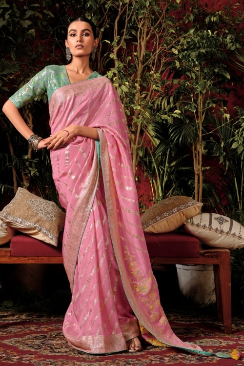 Pink Viscose Art Silk Saree with Floral Weave Border