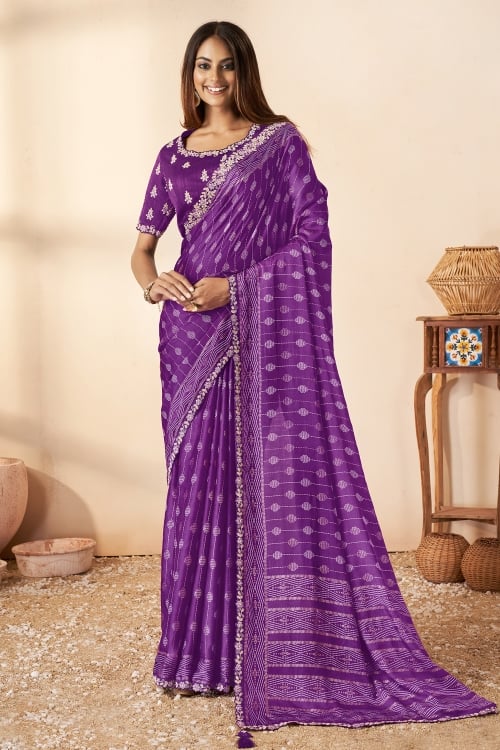 Violet Purple Gaji Silk Printed Saree with Embroidered Lace