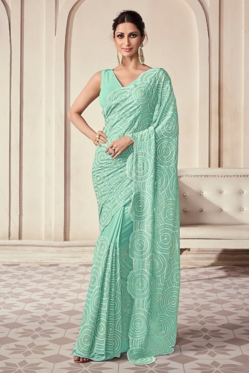 Turquoise Blue Georgette Sequin and Thread Embrodiered Saree