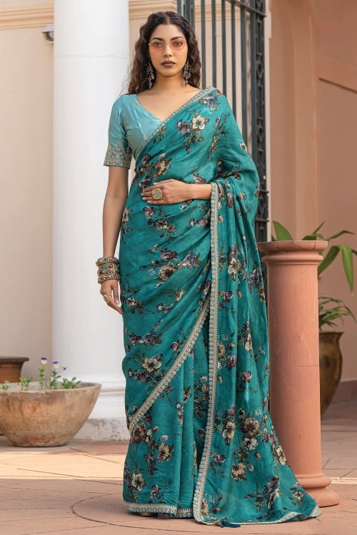 Viscose Floral Printed Saree with Lace
