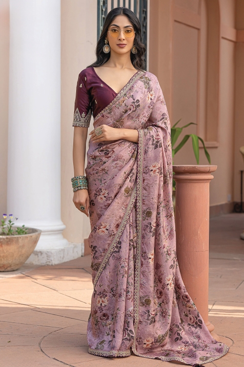 Viscose Floral Printed Saree with Lace