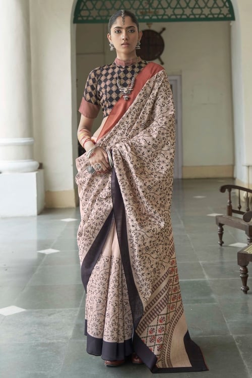 Brown and Black Art Silk Printed and Warli Embroidered Saree
