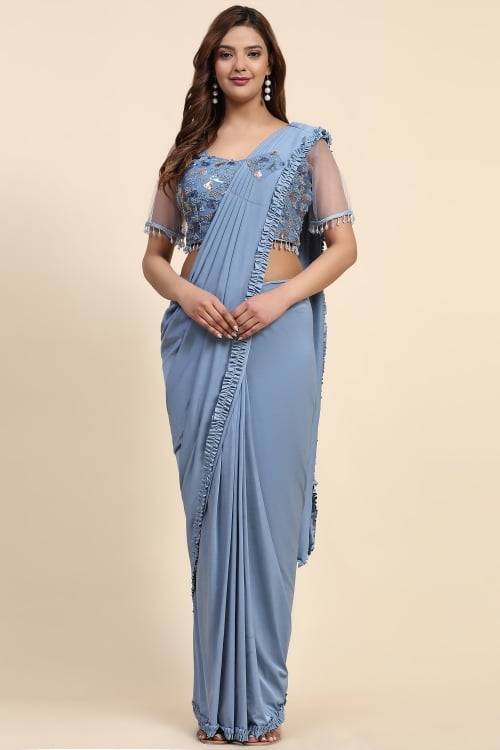 Light Blue Imported Patch Work and Frill Border Saree