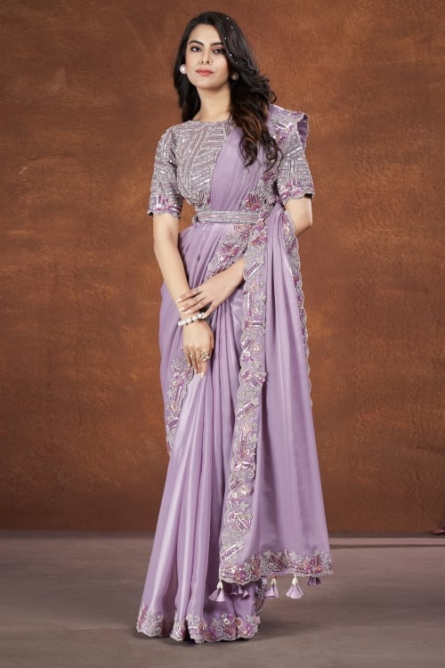 Lavender Purple Crepe Satin Silk Saree with Sequin Bead Work and Designer Blouse