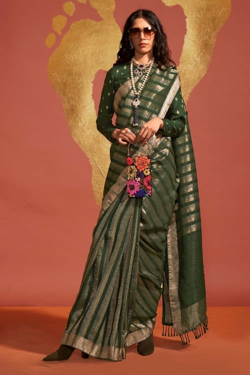 Green Viscose Handloom Saree with Zari Weave Stripes