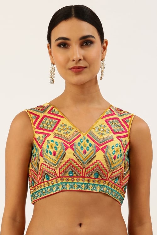 Embroidery and Mirror Work Blouse in Silk