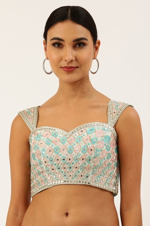 Mint Green Embroidery and Mirror Work Blouse in Silk