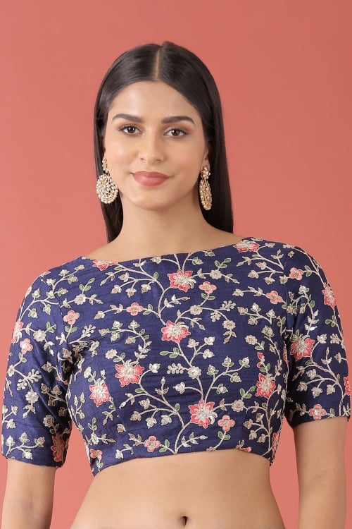 Navy Blue Silk Blouse with Embroidery
