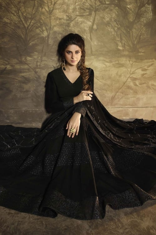 Jennifer Winget Black Georgette Anarkali Suit with Badla Work