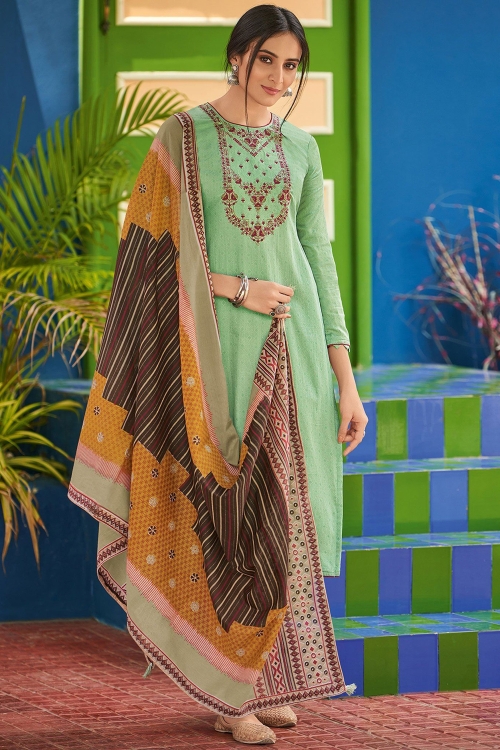 Green Cotton Straight Cut Suit with Embroidery