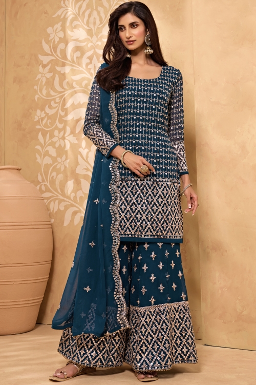 Teal Blue Georgette Applique Worked Suit