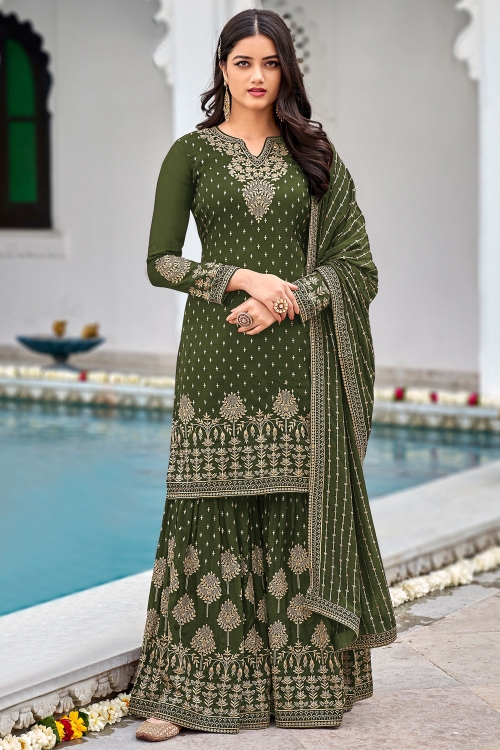 Olive Green Georgette Sharara Suit