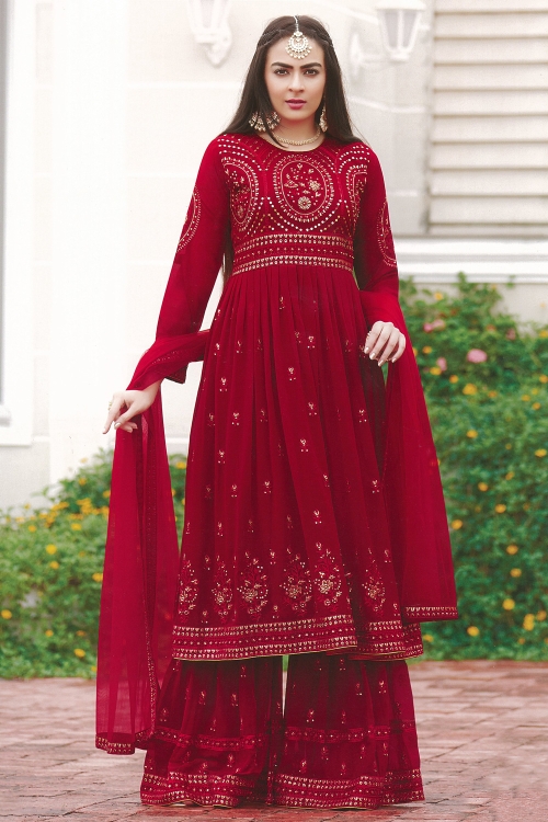 Red Georgette Embroidered Sharara Suit