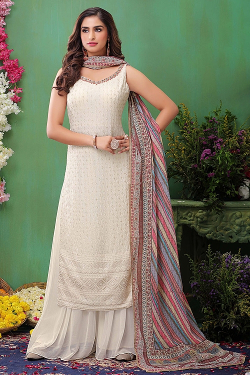 Off White Chiffon Georgette Embroidered Palazzo Suit