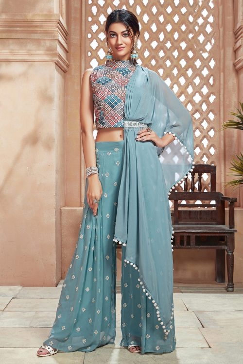 Multi Colored Georgette Crop Top Palazzo Suit with Attached Dupatta