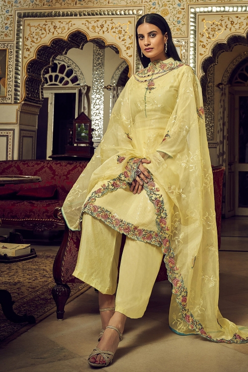 Yellow Georgette Sequinned Suit