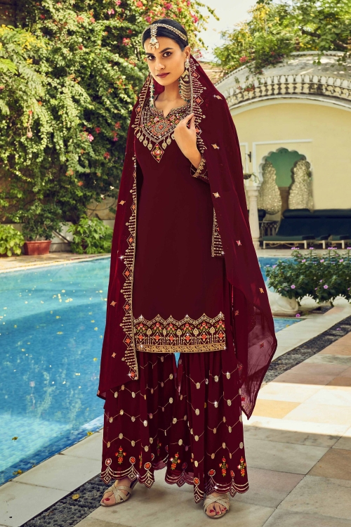 Maroon Georgette Embroidered Sharara Suit