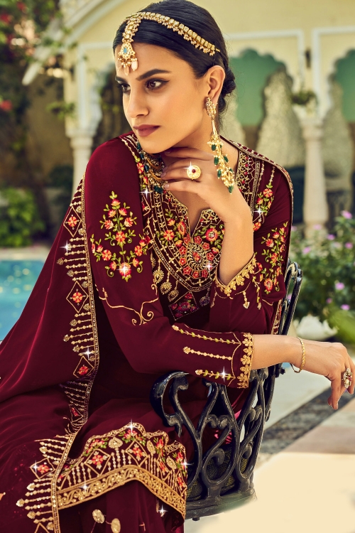 Maroon Georgette Embroidered Sharara Suit