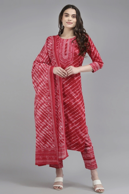 Red Cotton Leheriya Printed Suit