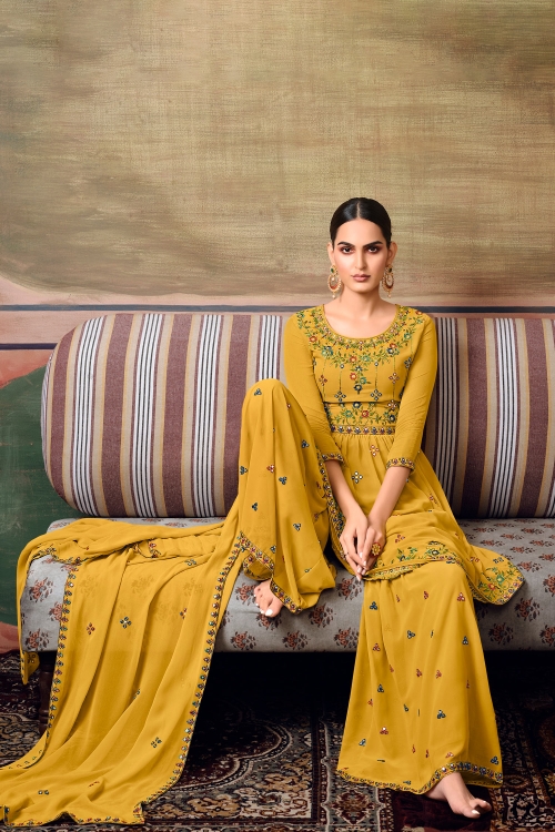 Yellow Georgette Applique Worked Sharara Suit