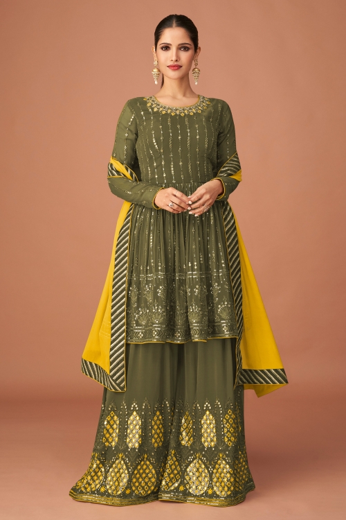 Olive Green Georgette Sequins Worked Sharara Suit