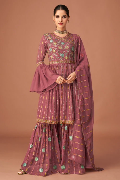 Pink Georgette Sharara Suit with Embroidery