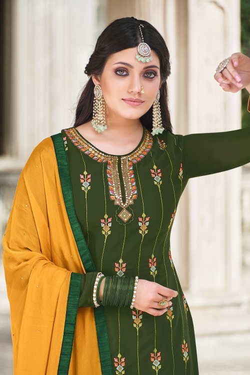 Green Georgette Embroidered Straight Cut Suit