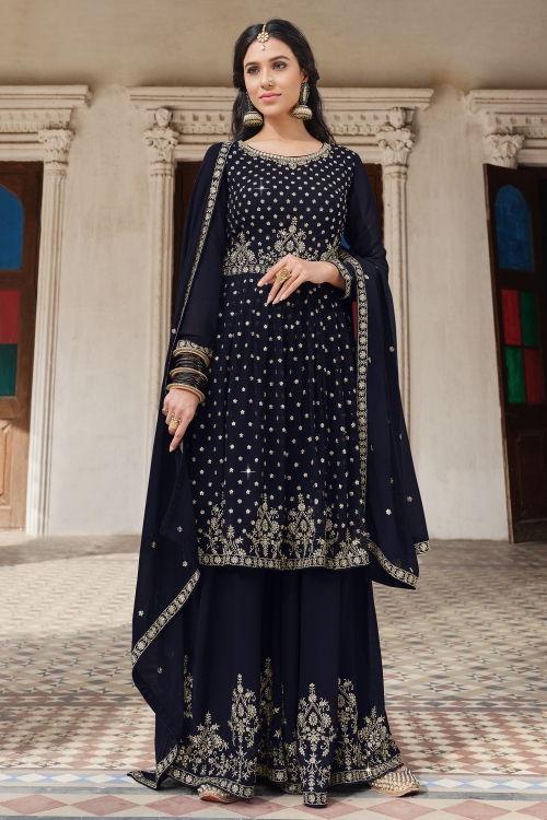 Blue Georgette Sequinned Palazzo Suit