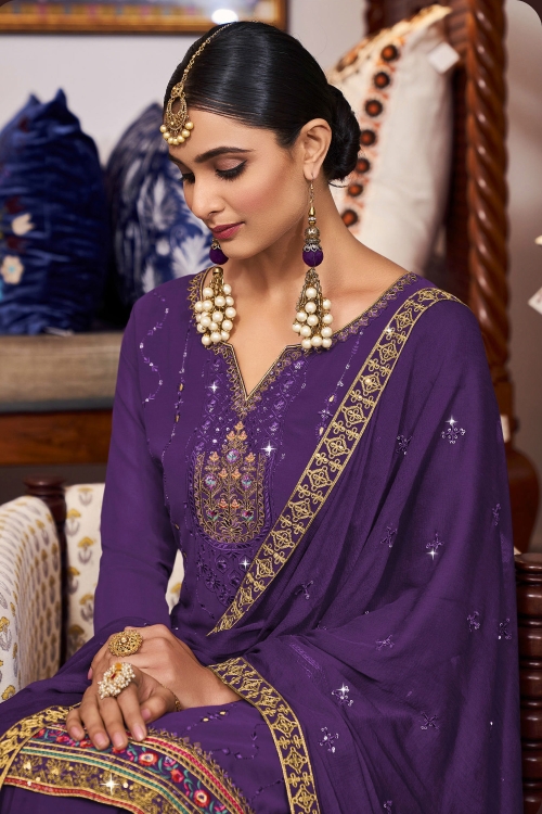 Purple Georgette Embroidered Lehenga Suit