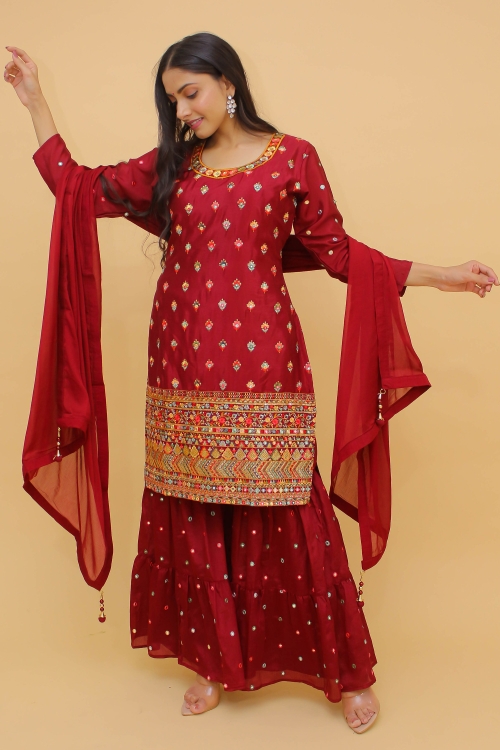 Maroon Georgette Sharara Suit with Embroidery
