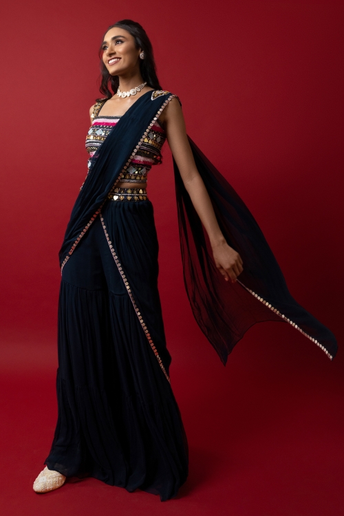 Blue Raw Silk Sharara Suit with Applique